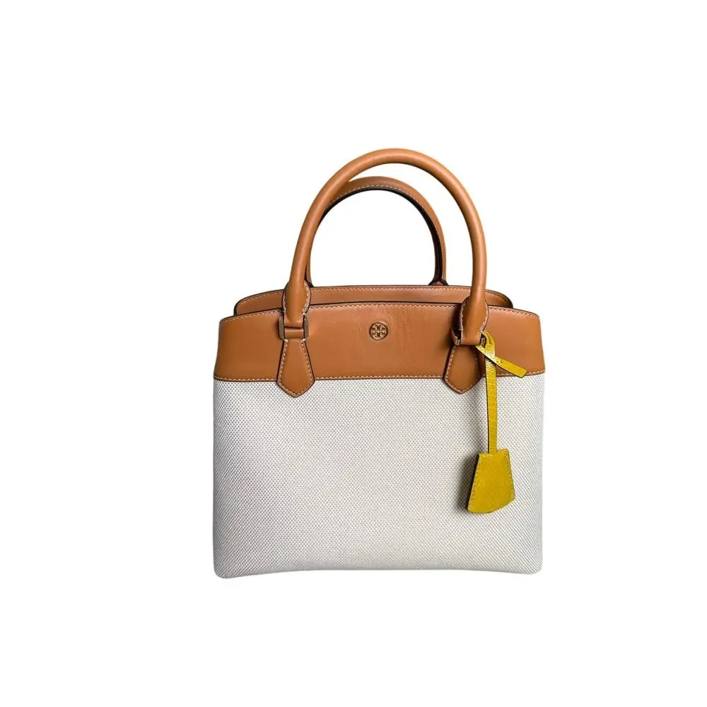 Tory Burch Canvas & Leather Tote Bag with 2 Interchangeable Straps Neutral Tan